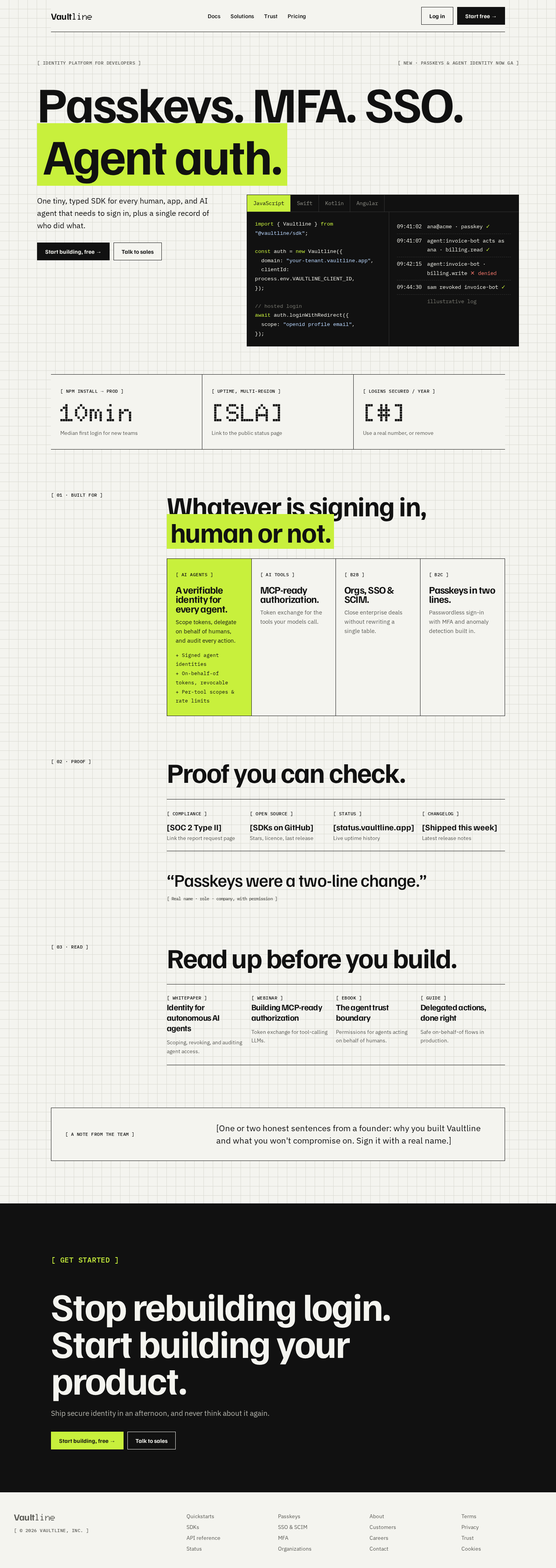 Vaultline homepage after the Barnacle redesign